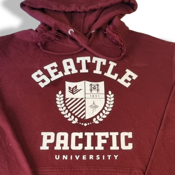 USA University Hoodie Burgundy Mens Sweatshirt Pullover Seattle Pacific Size S. - Picture 2 of 4